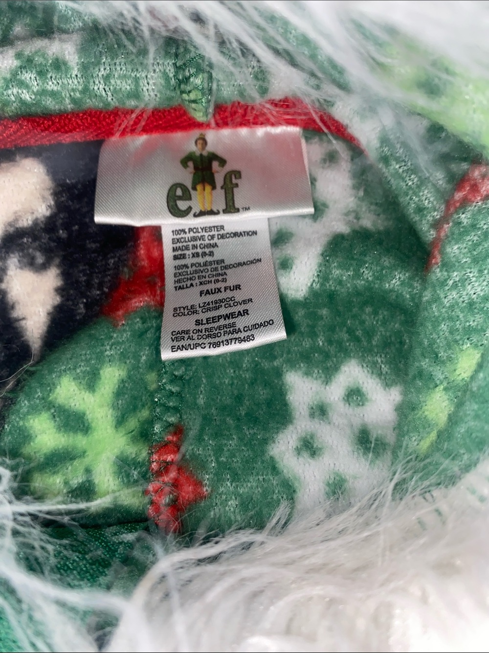 ELF Green Holiday Fleece One-Piece onesie with Hood and Faux Fur Trim - Picture 2 of 3
